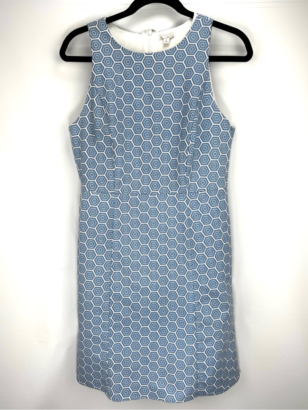 Sleeveless Blue & White Hexagon Sheath Dress